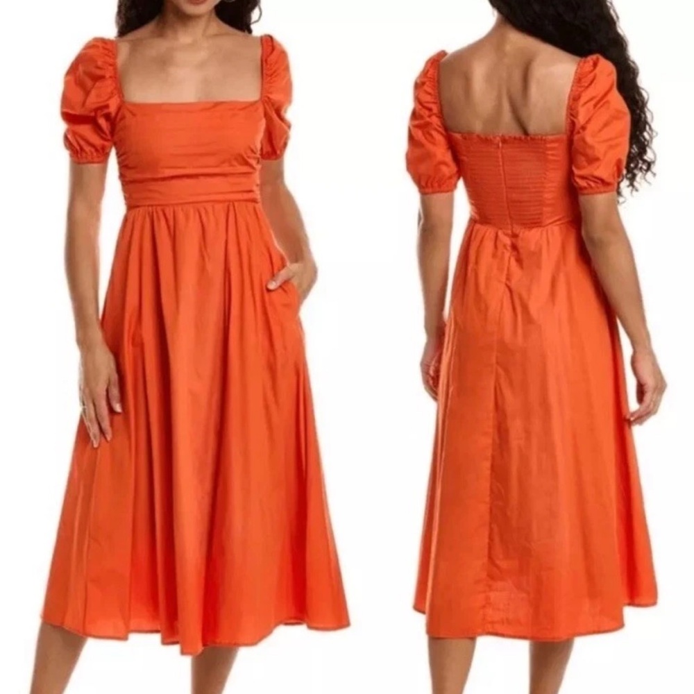 O.P.T. Orange Puff Sleeve Midi Dress Square Neck Fit & Flare  Puff Sleeve Dress